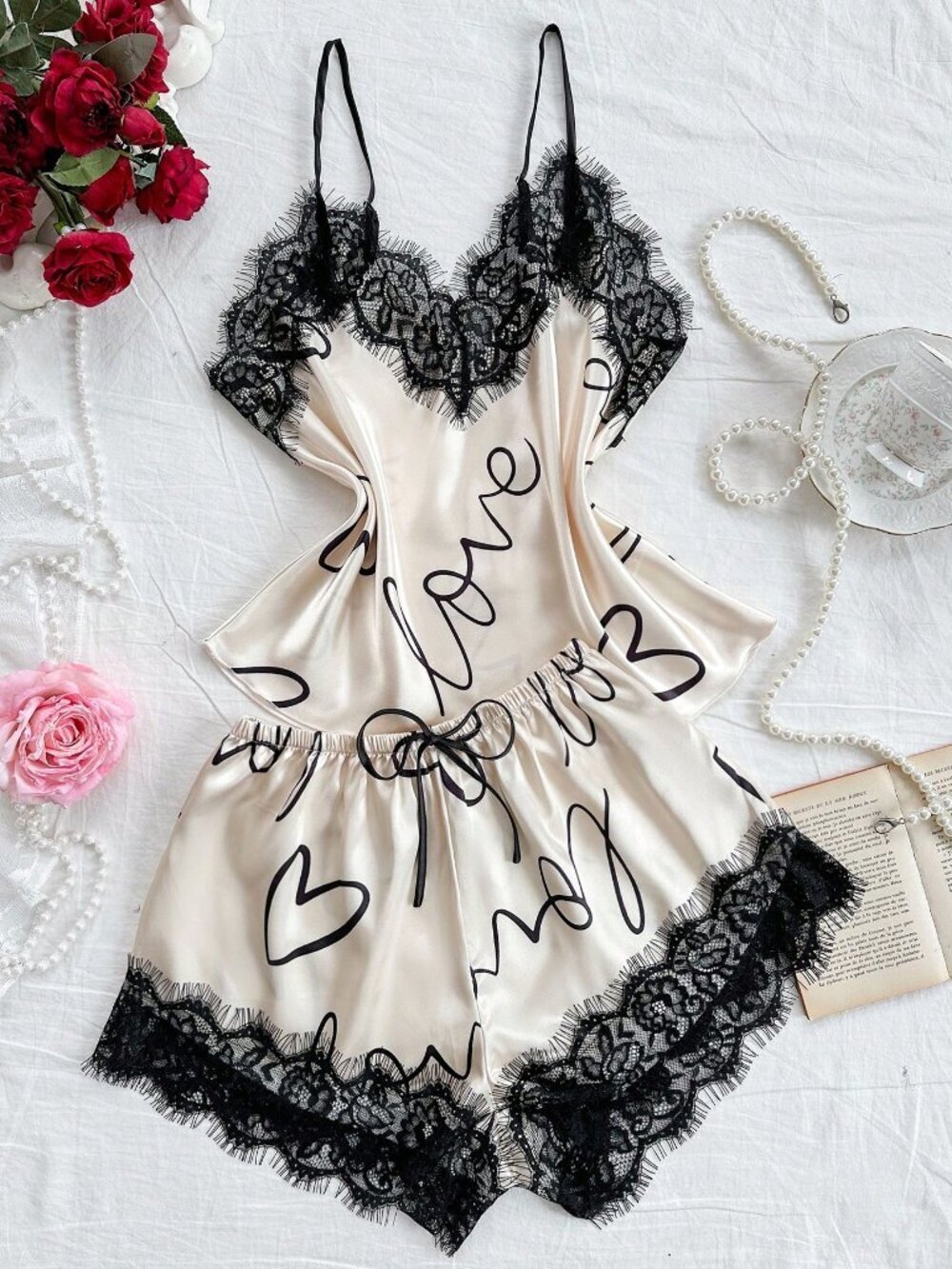 Apricot Heart Print V-Neck Camisole Set Women's Loungewear Shorts
